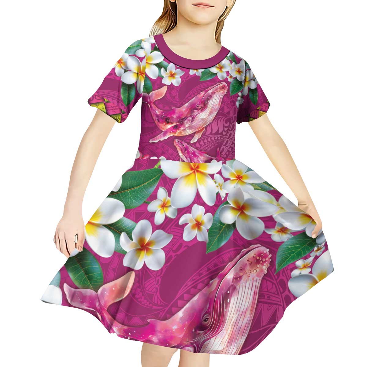 Hawaiian Plumeria and Humpback Whales Kid Short Sleeve Dress Polynerian Art Tattoo-Plum Pink Color