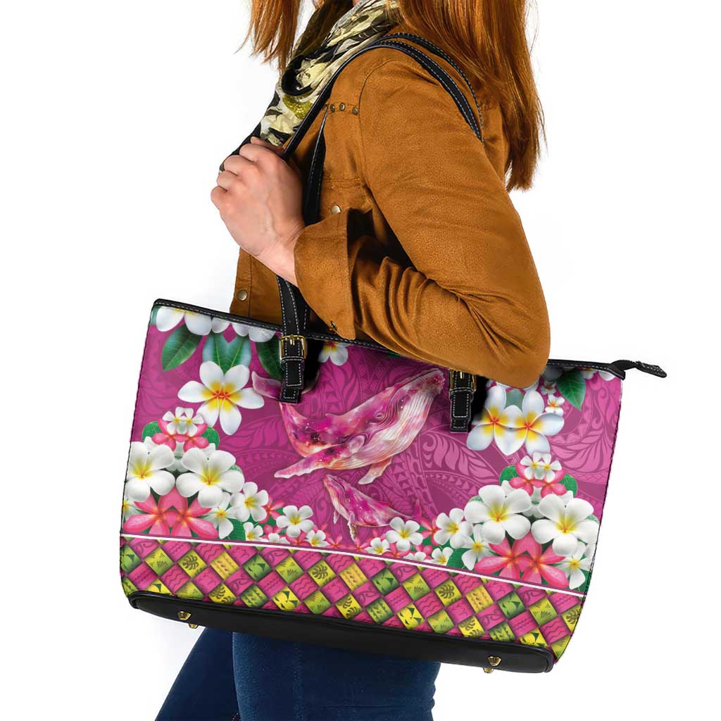 Hawaiian Plumeria and Humpback Whales Leather Tote Bag Polynerian Art Tattoo-Plum Pink Color LT03 Pink - Polynesian Pride