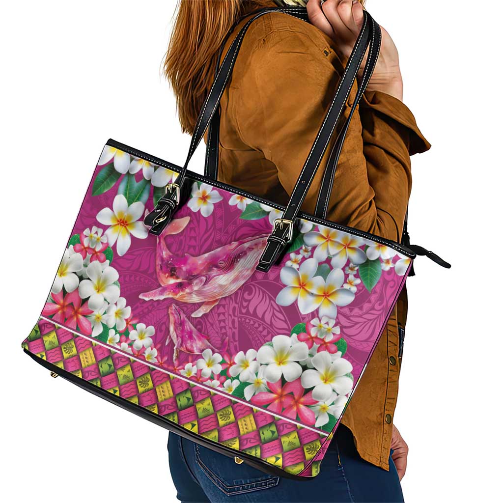 Hawaiian Plumeria and Humpback Whales Leather Tote Bag Polynerian Art Tattoo-Plum Pink Color LT03 - Polynesian Pride