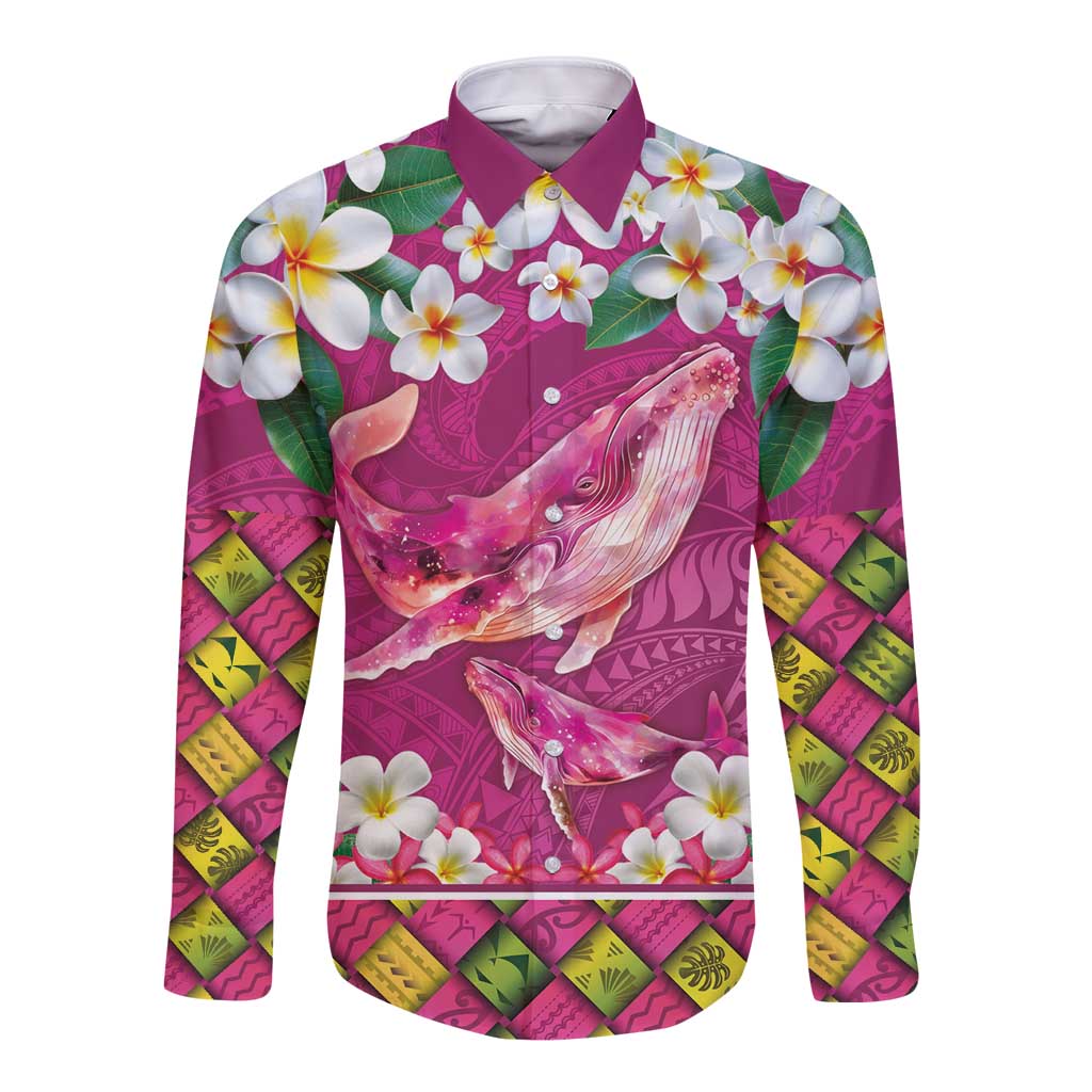 Hawaiian Plumeria and Humpback Whales Long Sleeve Button Shirt Polynerian Art Tattoo-Plum Pink Color LT03 Unisex Pink - Polynesian Pride