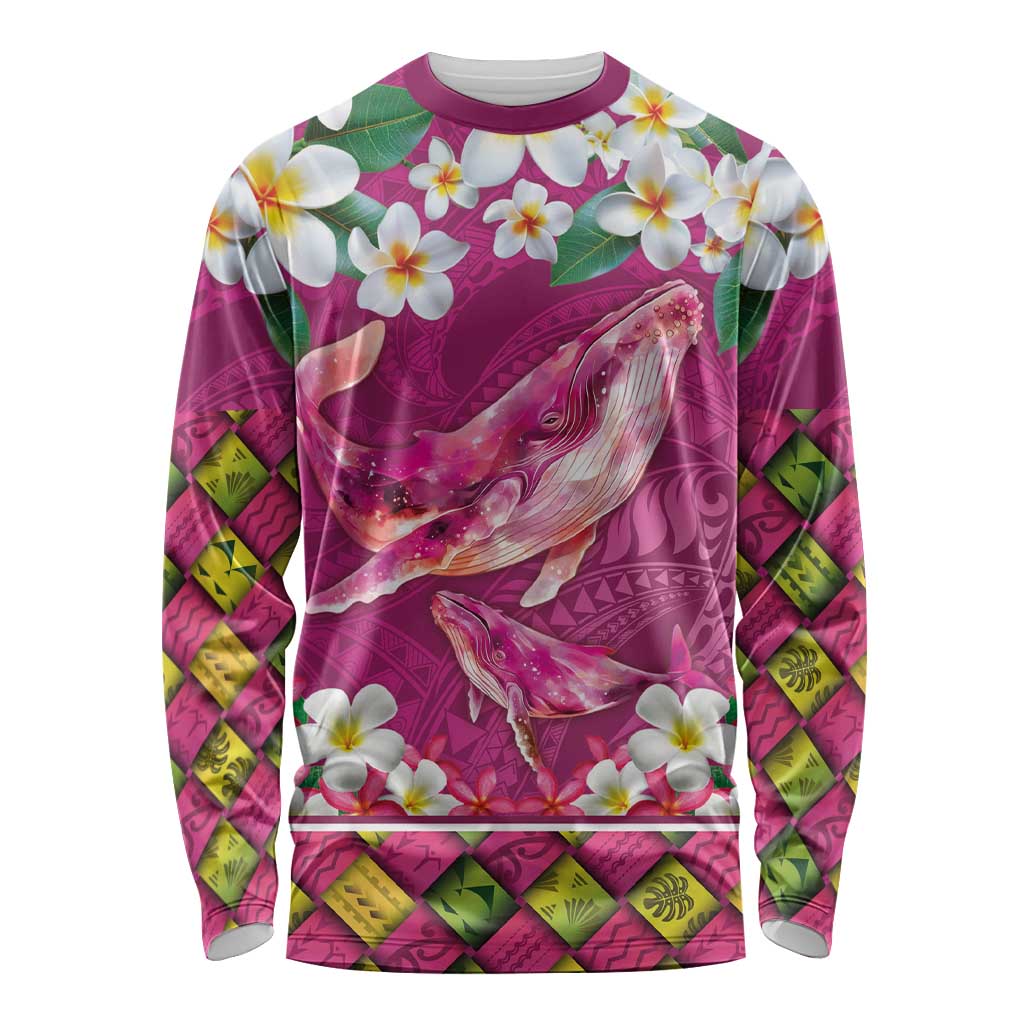 Hawaiian Plumeria and Humpback Whales Long Sleeve Shirt Polynerian Art Tattoo-Plum Pink Color LT03 Unisex Pink - Polynesian Pride