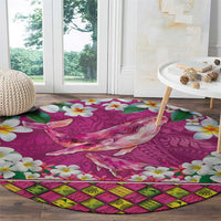 Hawaiian Plumeria and Humpback Whales Round Carpet Polynerian Art Tattoo-Plum Pink Color