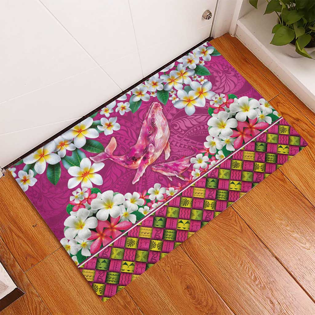 Hawaiian Plumeria and Humpback Whales Rubber Doormat Polynerian Art Tattoo-Plum Pink Color LT03 - Polynesian Pride