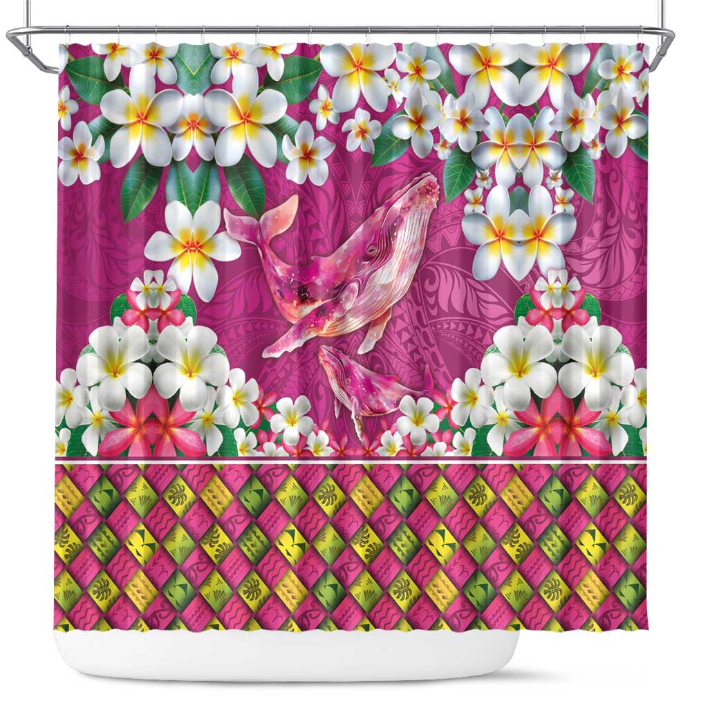 Hawaiian Plumeria and Humpback Whales Shower Curtain Polynerian Art Tattoo-Plum Pink Color
