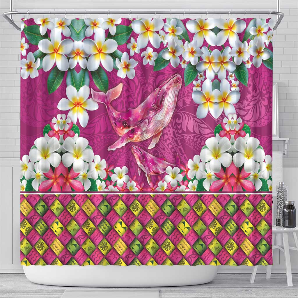 Hawaiian Plumeria and Humpback Whales Shower Curtain Polynerian Art Tattoo-Plum Pink Color