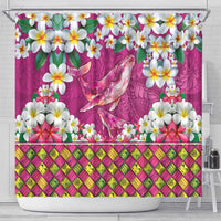 Hawaiian Plumeria and Humpback Whales Shower Curtain Polynerian Art Tattoo-Plum Pink Color