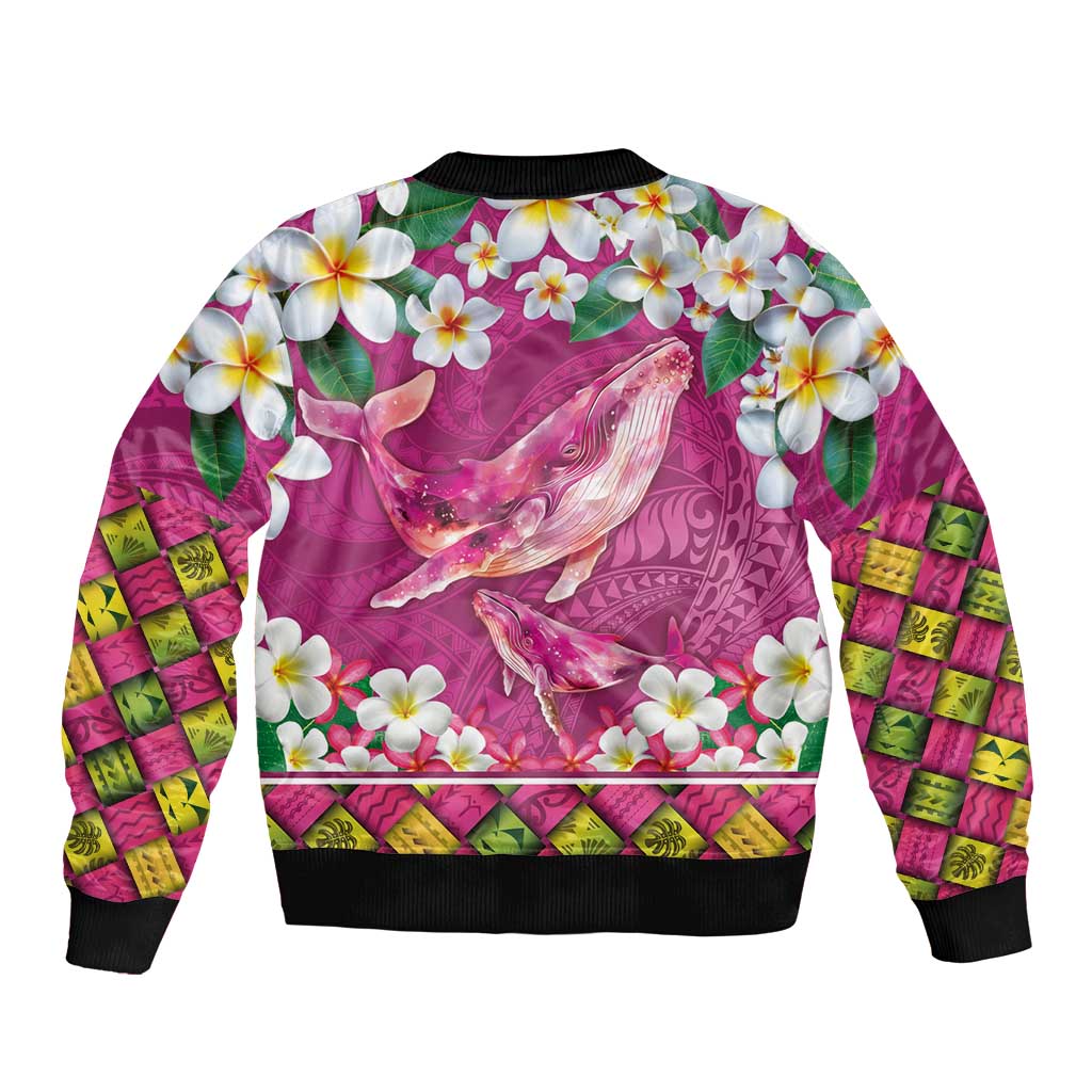 Hawaiian Plumeria and Humpback Whales Sleeve Zip Bomber Jacket Polynerian Art Tattoo-Plum Pink Color LT03 - Polynesian Pride