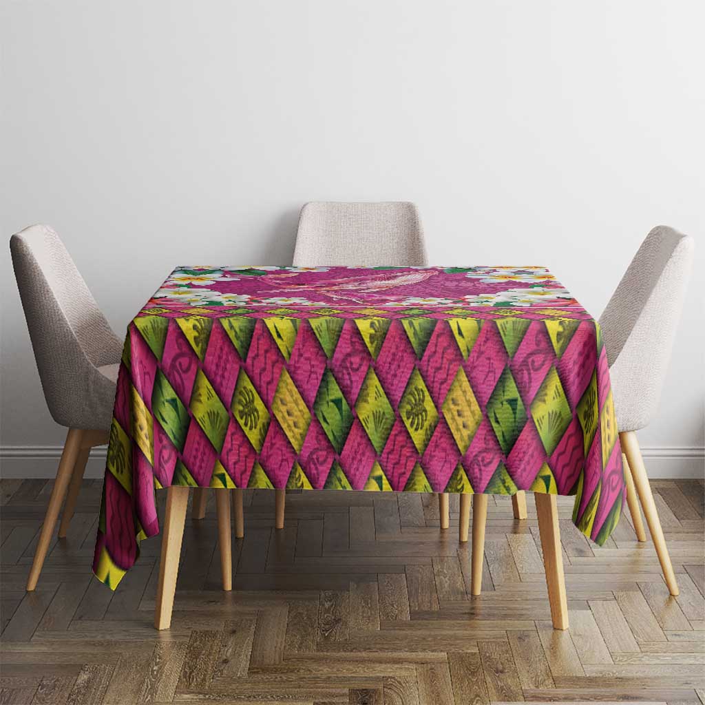 Hawaiian Plumeria and Humpback Whales Tablecloth Polynerian Art Tattoo-Plum Pink Color