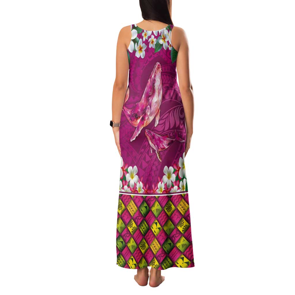 Hawaiian Plumeria and Humpback Whales Tank Maxi Dress Polynerian Art Tattoo-Plum Pink Color