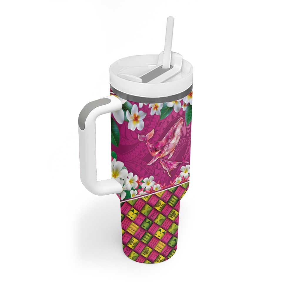 Hawaiian Plumeria and Humpback Whales Tumbler With Handle Polynerian Art Tattoo-Plum Pink Color