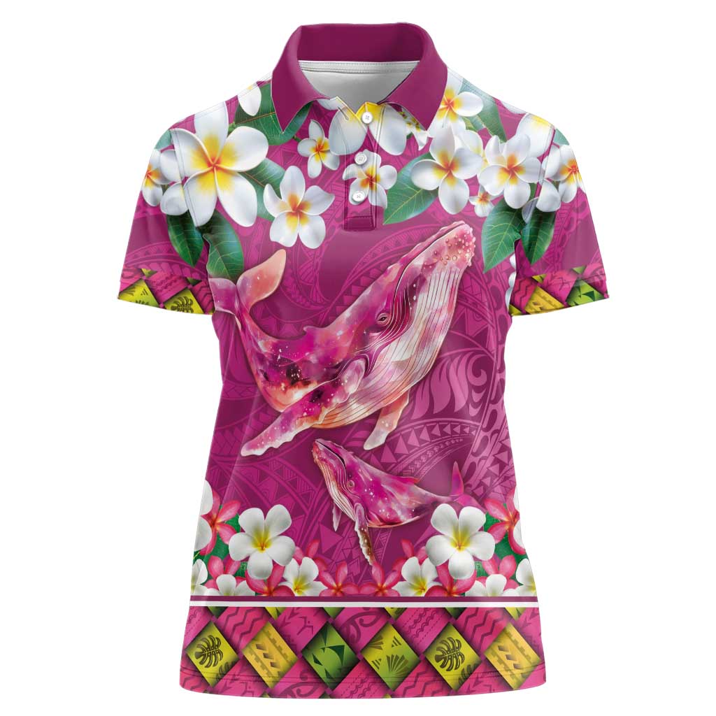 Hawaiian Plumeria and Humpback Whales Women Polo Shirt Polynerian Art Tattoo-Plum Pink Color