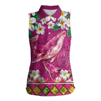 Hawaiian Plumeria and Humpback Whales Women Sleeveless Polo Shirt Polynerian Art Tattoo-Plum Pink Color LT03 Female Pink - Polynesian Pride