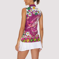 Hawaiian Plumeria and Humpback Whales Women Sleeveless Polo Shirt Polynerian Art Tattoo-Plum Pink Color LT03 - Polynesian Pride