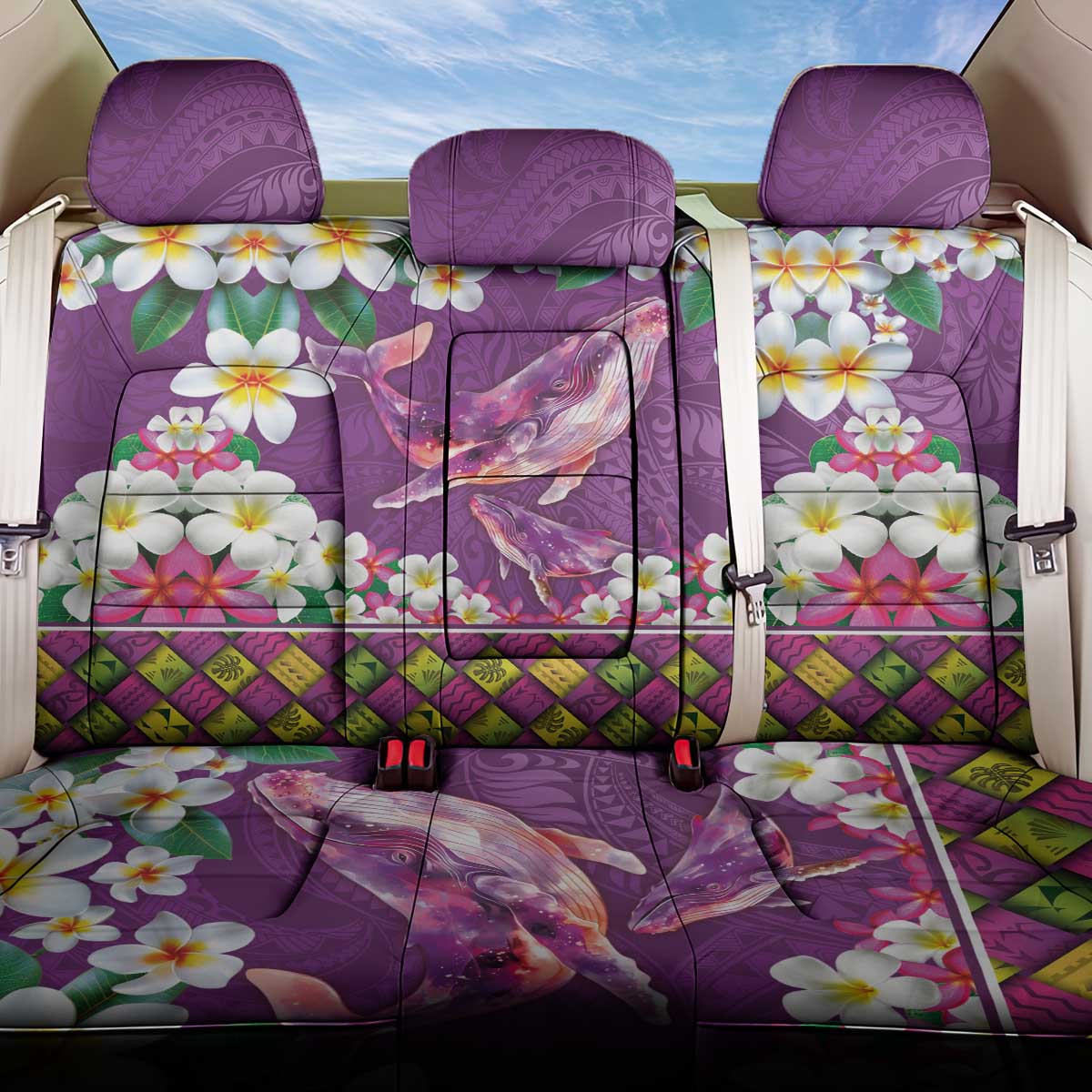 Hawaiian Plumeria and Humpback Whales Back Car Seat Cover Polynerian Art Tattoo-Mauve Color