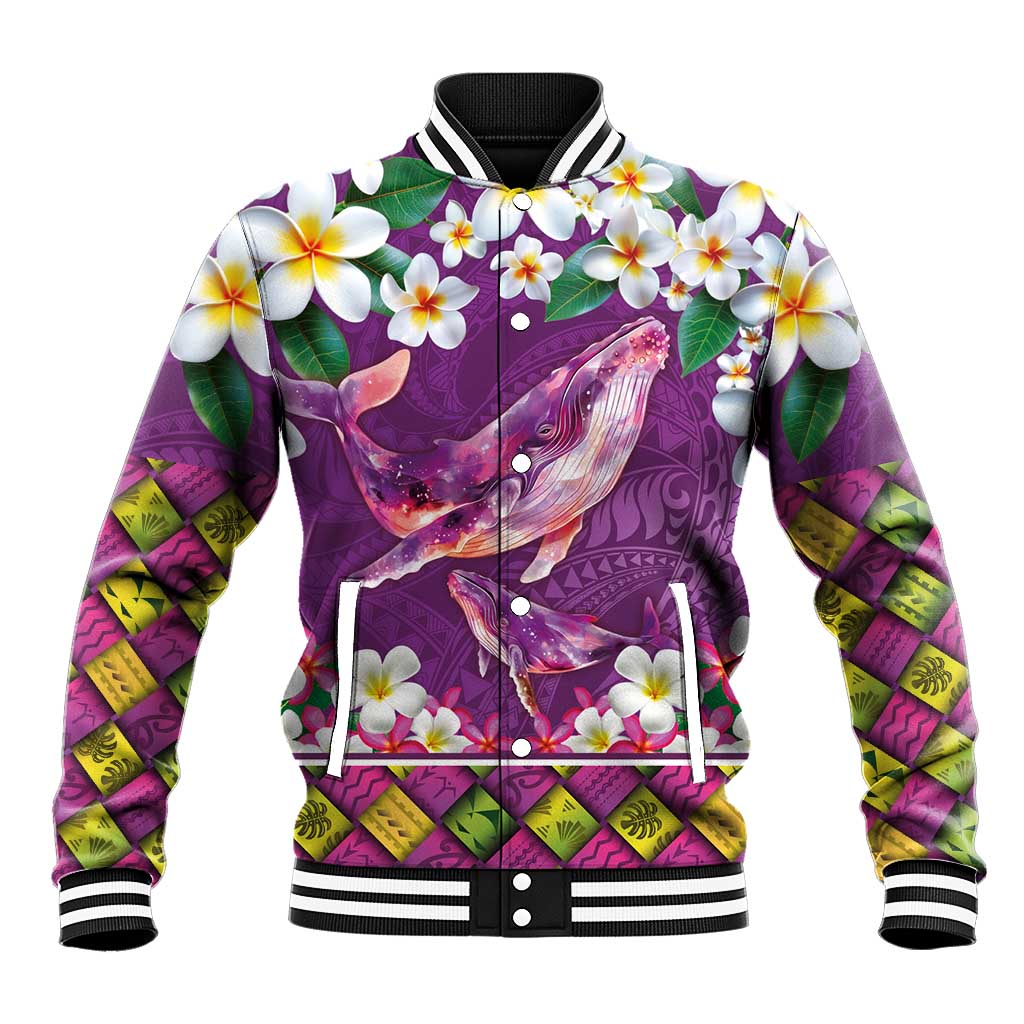 Hawaiian Plumeria and Humpback Whales Baseball Jacket Polynerian Art Tattoo-Mauve Color