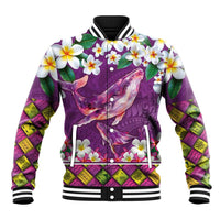 Hawaiian Plumeria and Humpback Whales Baseball Jacket Polynerian Art Tattoo-Mauve Color