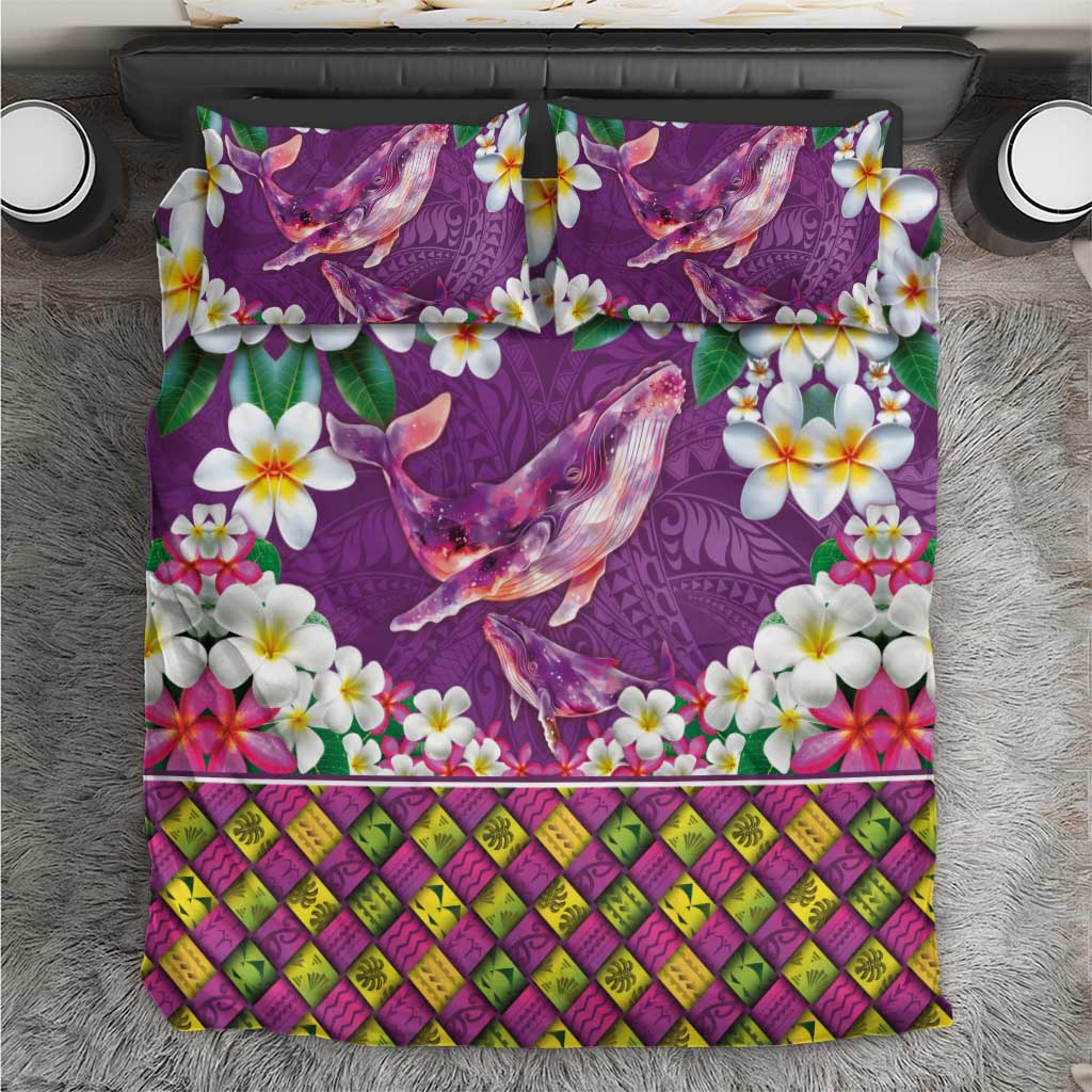 Hawaiian Plumeria and Humpback Whales Bedding Set Polynerian Art Tattoo-Mauve Color