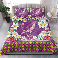 Hawaiian Plumeria and Humpback Whales Bedding Set Polynerian Art Tattoo-Mauve Color