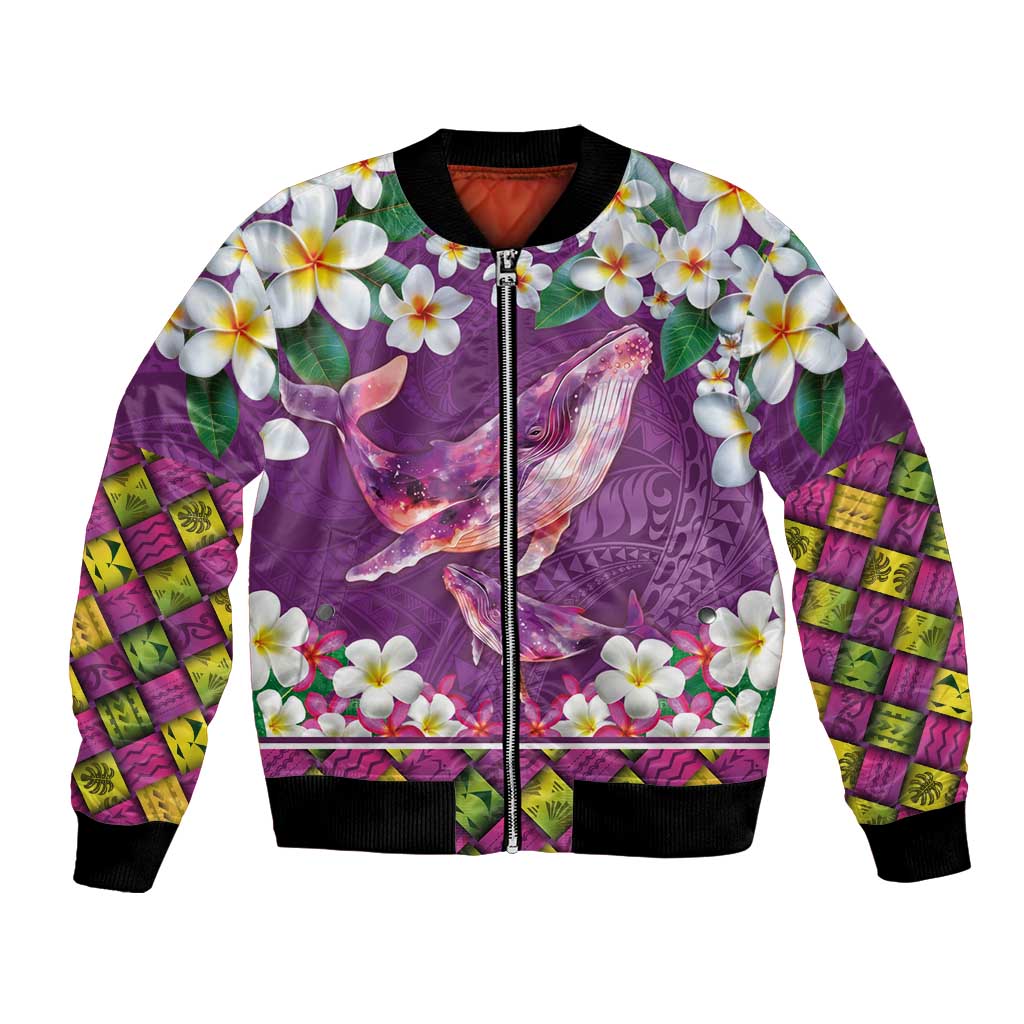 Hawaiian Plumeria and Humpback Whales Bomber Jacket Polynerian Art Tattoo-Mauve Color LT03 Unisex Purple - Polynesian Pride