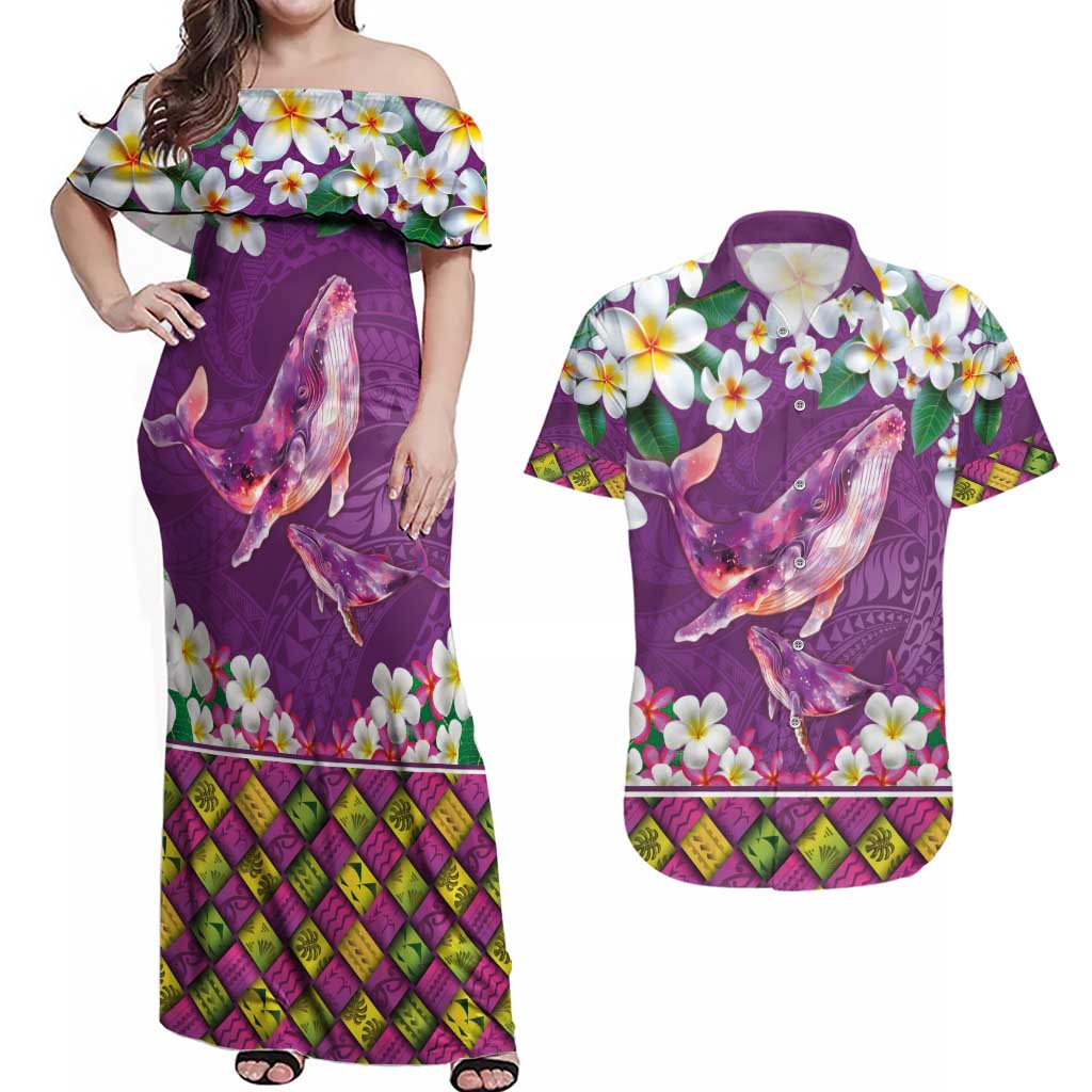 Hawaiian Plumeria and Humpback Whales Couples Matching Off Shoulder Maxi Dress and Hawaiian Shirt Polynerian Art Tattoo-Mauve Color