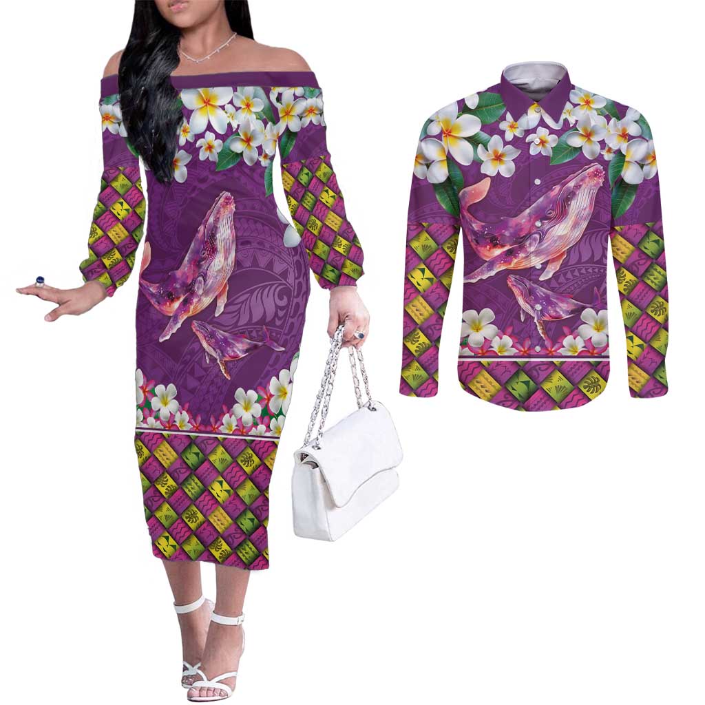 Hawaiian Plumeria and Humpback Whales Couples Matching Off The Shoulder Long Sleeve Dress and Long Sleeve Button Shirt Polynerian Art Tattoo-Mauve Color