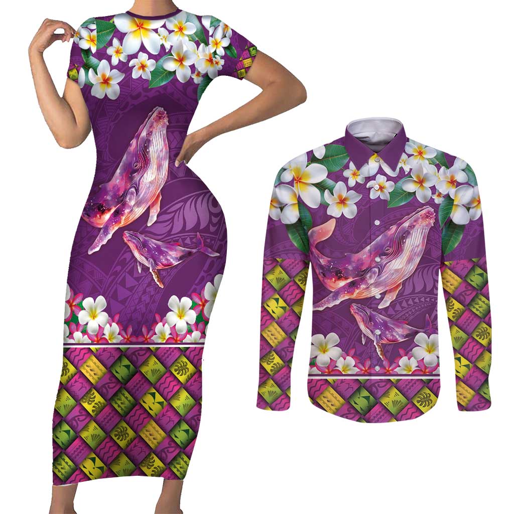 Hawaiian Plumeria and Humpback Whales Couples Matching Short Sleeve Bodycon Dress and Long Sleeve Button Shirt Polynerian Art Tattoo-Mauve Color