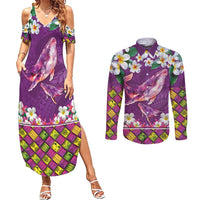 Hawaiian Plumeria and Humpback Whales Couples Matching Summer Maxi Dress and Long Sleeve Button Shirt Polynerian Art Tattoo-Mauve Color