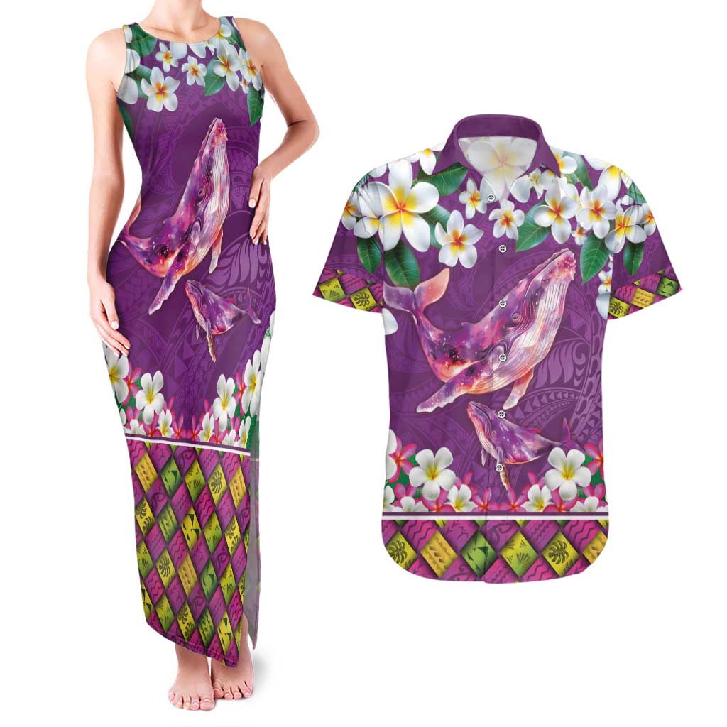 Hawaiian Plumeria and Humpback Whales Couples Matching Tank Maxi Dress and Hawaiian Shirt Polynerian Art Tattoo-Mauve Color