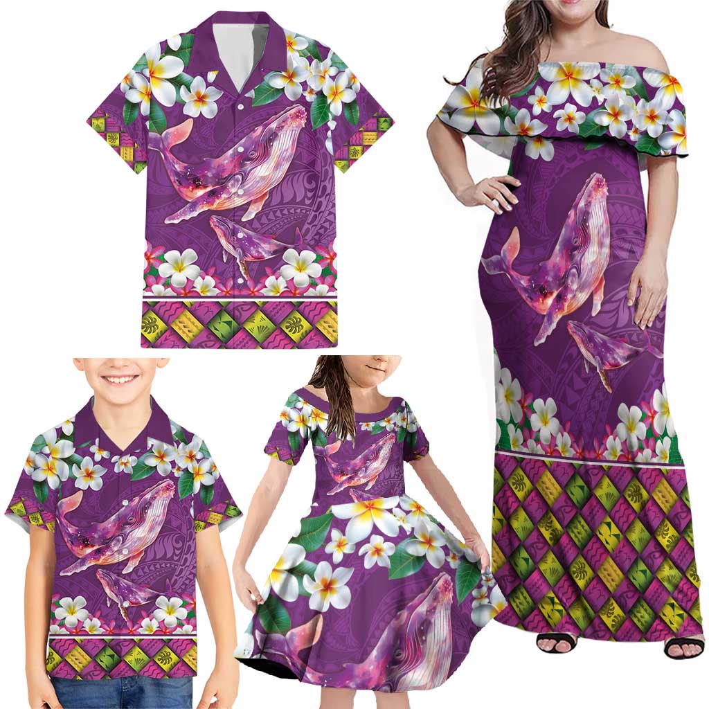 Hawaiian Plumeria and Humpback Whales Family Matching Off Shoulder Maxi Dress and Hawaiian Shirt Polynerian Art Tattoo-Mauve Color