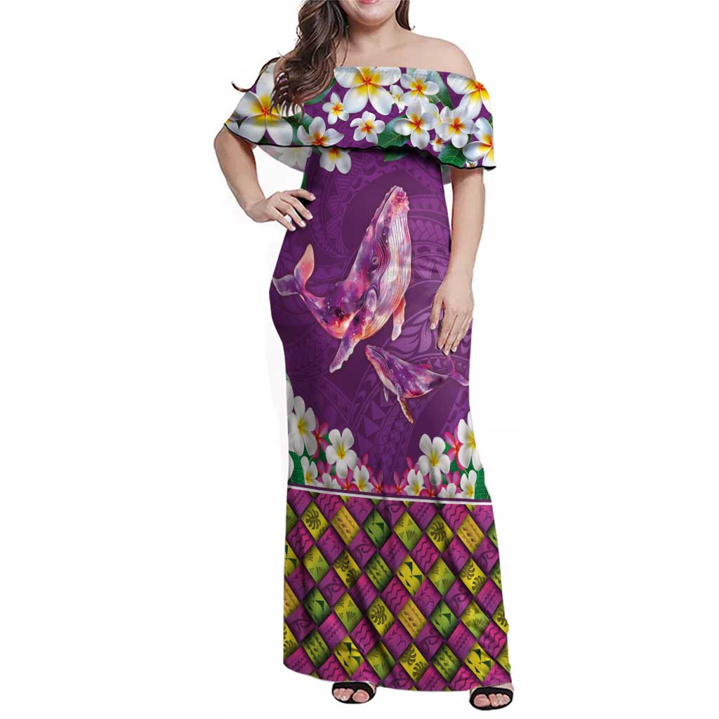 Hawaiian Plumeria and Humpback Whales Family Matching Off Shoulder Maxi Dress and Hawaiian Shirt Polynerian Art Tattoo-Mauve Color