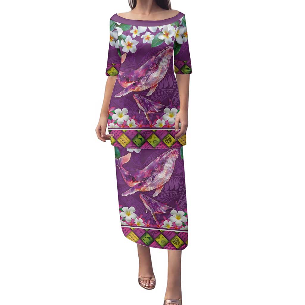 Hawaiian Plumeria and Humpback Whales Family Matching Puletasi and Hawaiian Shirt Polynerian Art Tattoo-Mauve Color LT03 Mom's Dress Purple - Polynesian Pride
