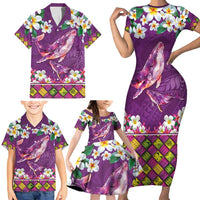 Hawaiian Plumeria and Humpback Whales Family Matching Short Sleeve Bodycon Dress and Hawaiian Shirt Polynerian Art Tattoo-Mauve Color