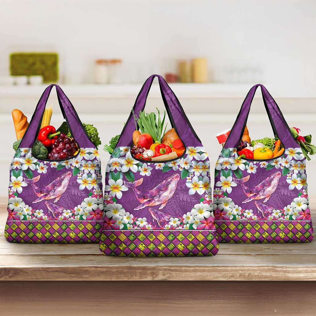 Hawaiian Plumeria and Humpback Whales Grocery Bag Polynerian Art Tattoo-Mauve Color LT03 3-pack One Size Purple - Polynesian Pride