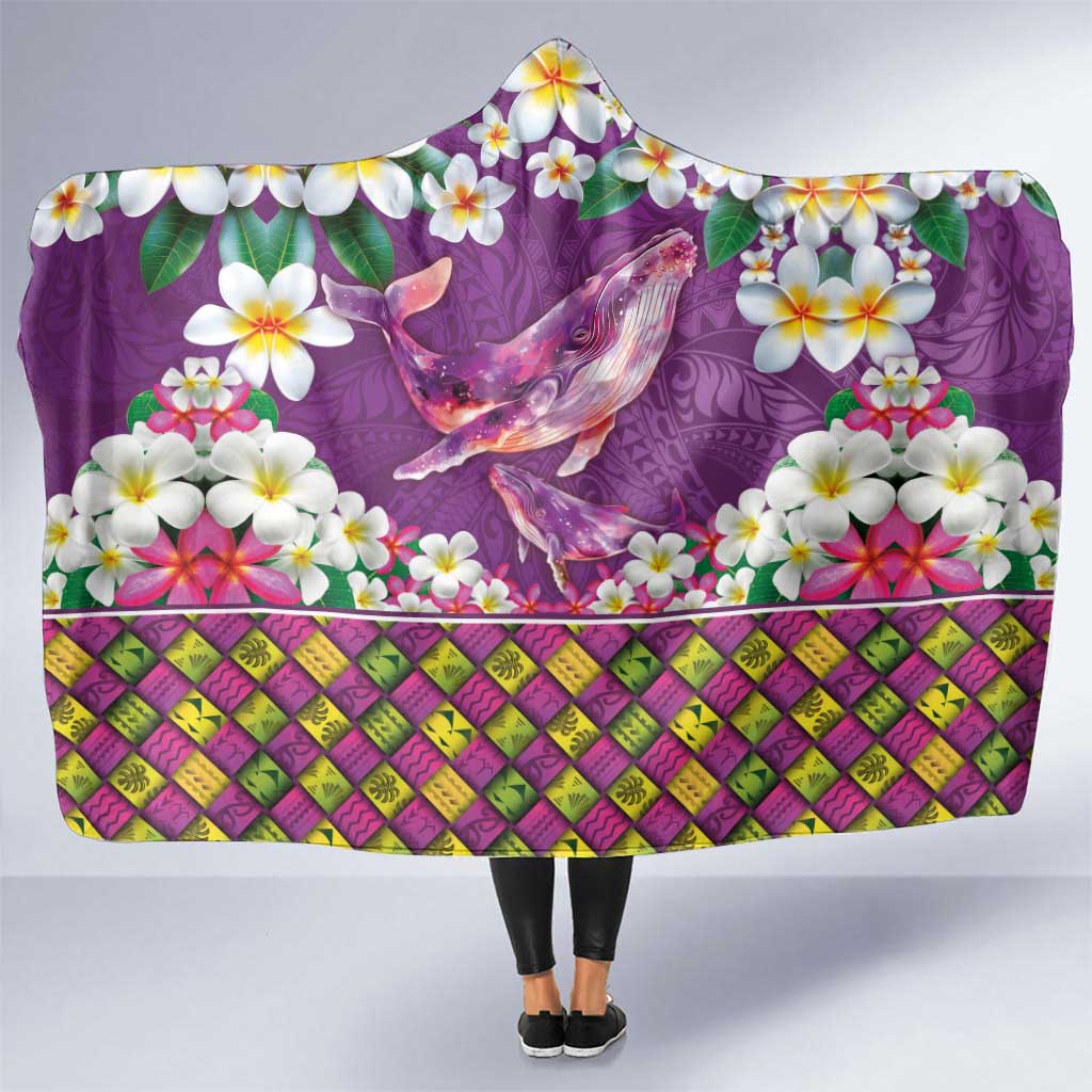 Hawaiian Plumeria and Humpback Whales Hooded Blanket Polynerian Art Tattoo-Mauve Color