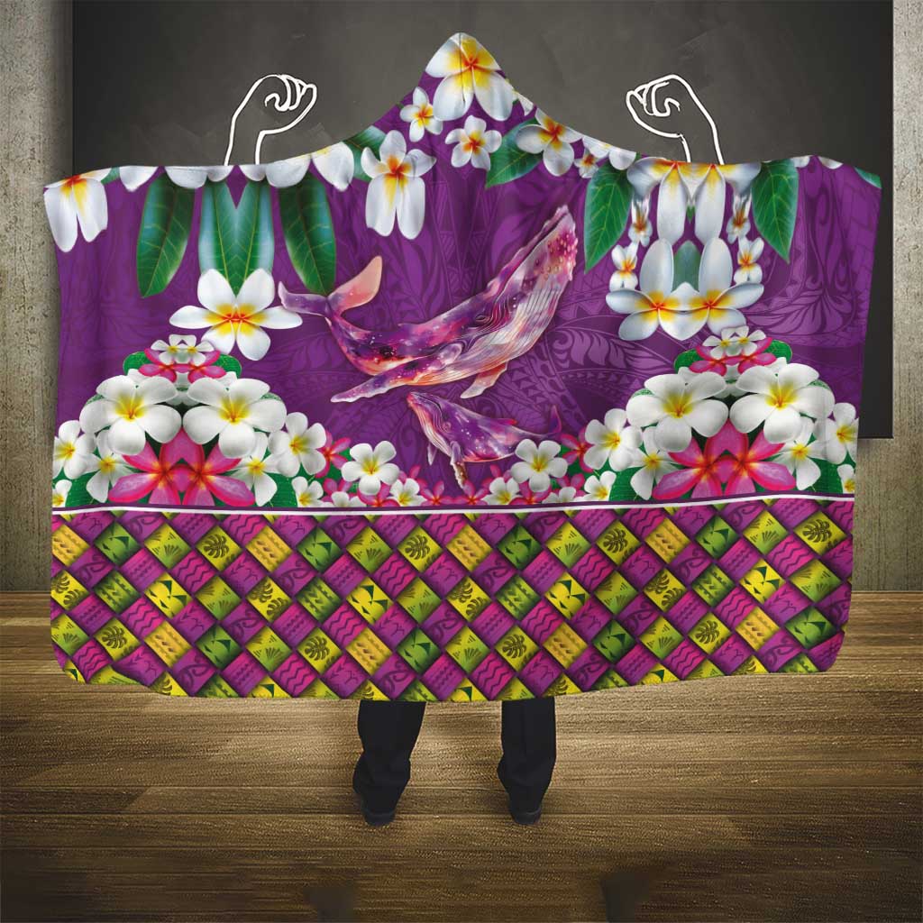 Hawaiian Plumeria and Humpback Whales Hooded Blanket Polynerian Art Tattoo-Mauve Color