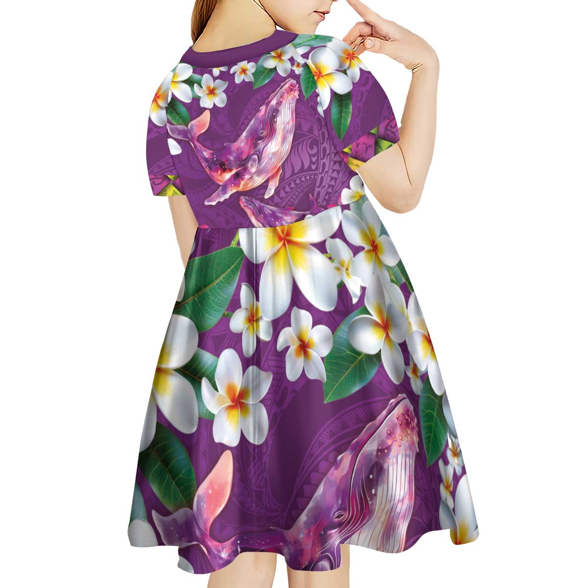 Hawaiian Plumeria and Humpback Whales Kid Short Sleeve Dress Polynerian Art Tattoo-Mauve Color