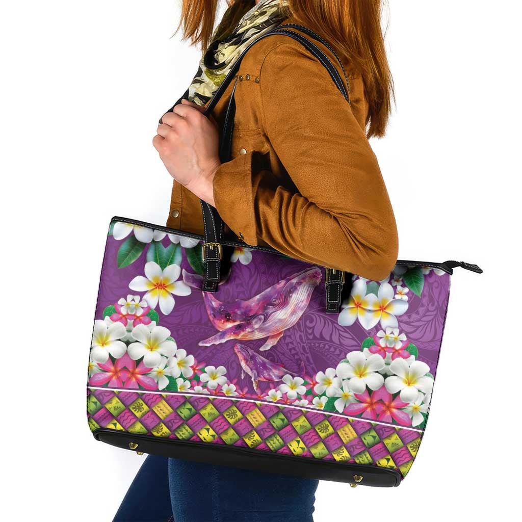 Hawaiian Plumeria and Humpback Whales Leather Tote Bag Polynerian Art Tattoo-Mauve Color LT03 Purple - Polynesian Pride