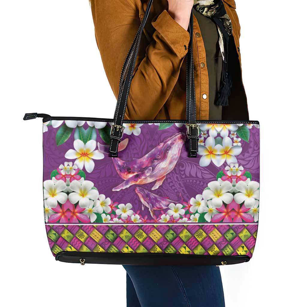 Hawaiian Plumeria and Humpback Whales Leather Tote Bag Polynerian Art Tattoo-Mauve Color LT03 - Polynesian Pride