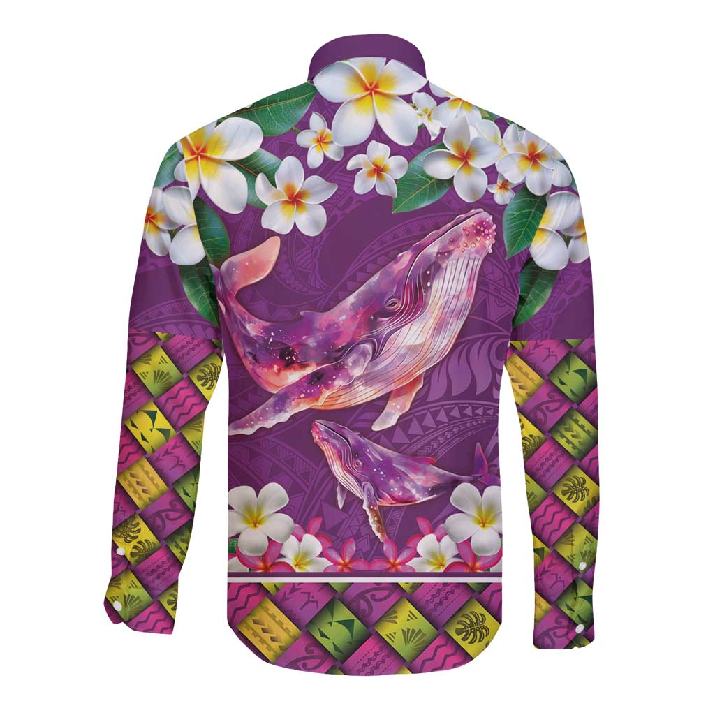 Hawaiian Plumeria and Humpback Whales Long Sleeve Button Shirt Polynerian Art Tattoo-Mauve Color LT03 - Polynesian Pride