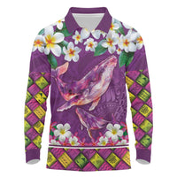 Hawaiian Plumeria and Humpback Whales Long Sleeve Polo Shirt Polynerian Art Tattoo-Mauve Color LT03 Purple - Polynesian Pride