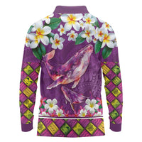 Hawaiian Plumeria and Humpback Whales Long Sleeve Polo Shirt Polynerian Art Tattoo-Mauve Color LT03 - Polynesian Pride