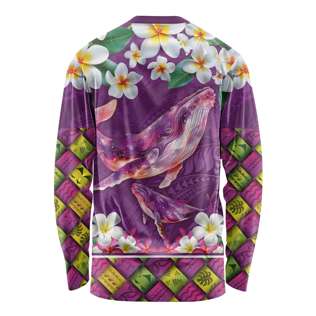 Hawaiian Plumeria and Humpback Whales Long Sleeve Shirt Polynerian Art Tattoo-Mauve Color LT03 - Polynesian Pride