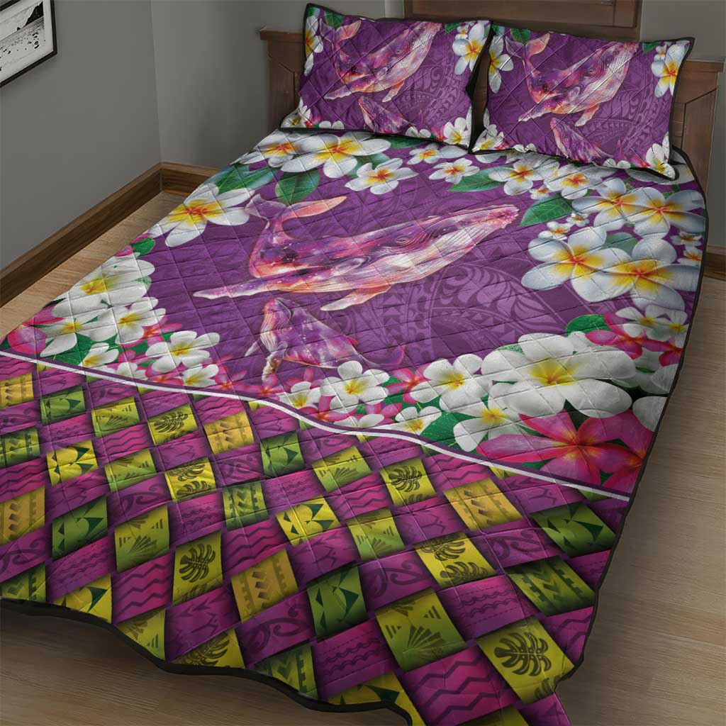 Hawaiian Plumeria and Humpback Whales Quilt Bed Set Polynerian Art Tattoo-Mauve Color
