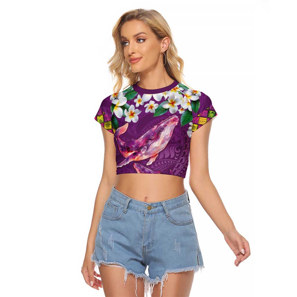 Hawaiian Plumeria and Humpback Whales Raglan Cropped T Shirt Polynerian Art Tattoo-Mauve Color LT03 Female Purple - Polynesian Pride