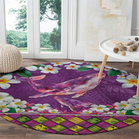Hawaiian Plumeria and Humpback Whales Round Carpet Polynerian Art Tattoo-Mauve Color