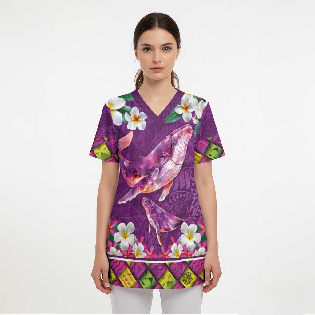 Hawaiian Plumeria and Humpback Whales Scrub Top Polynerian Art Tattoo-Mauve Color - Polynesian Pride