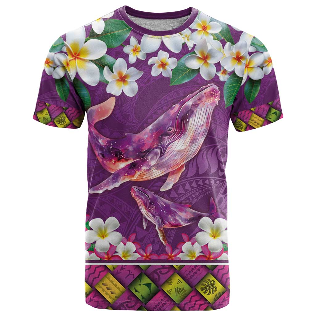 Hawaiian Plumeria and Humpback Whales T Shirt Polynerian Art Tattoo-Mauve Color
