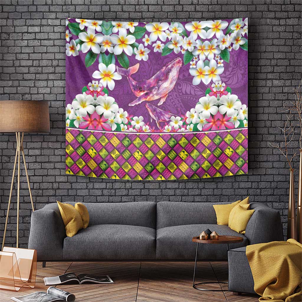 Hawaiian Plumeria and Humpback Whales Tapestry Polynerian Art Tattoo-Mauve Color
