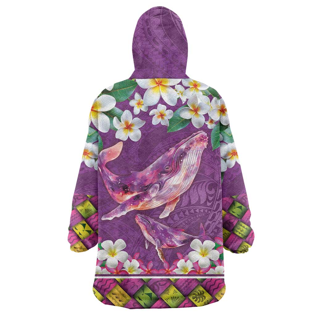 Hawaiian Plumeria and Humpback Whales Wearable Blanket Hoodie Polynerian Art Tattoo-Mauve Color