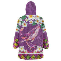 Hawaiian Plumeria and Humpback Whales Wearable Blanket Hoodie Polynerian Art Tattoo-Mauve Color